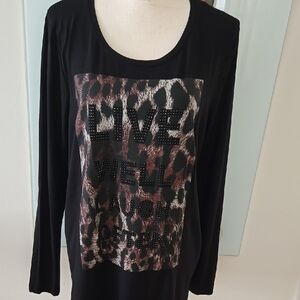 VENUS Black Long Sleeve Top with Leopard Print